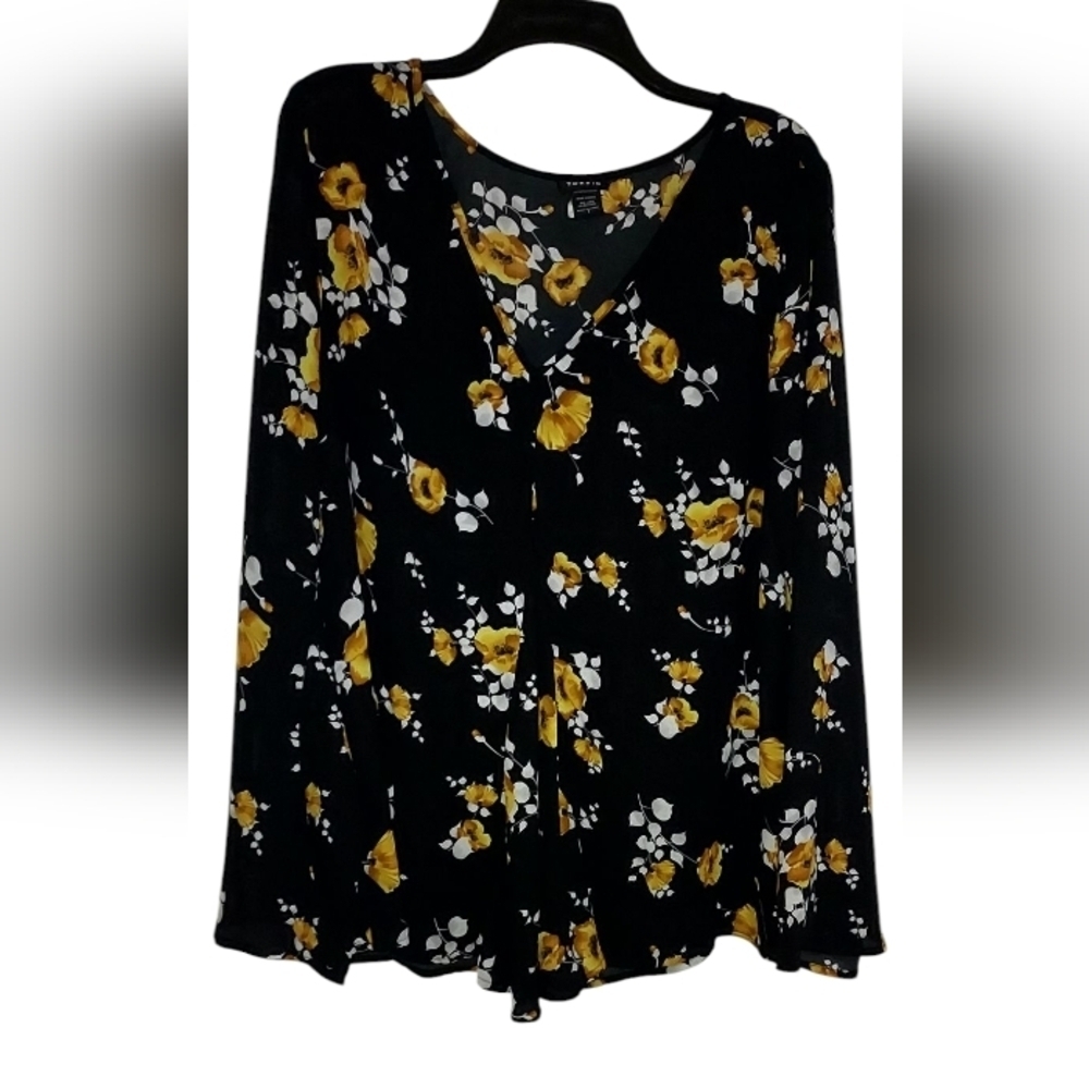 Torrid Black And Yellow Floral Blouse With Bell Sleeves